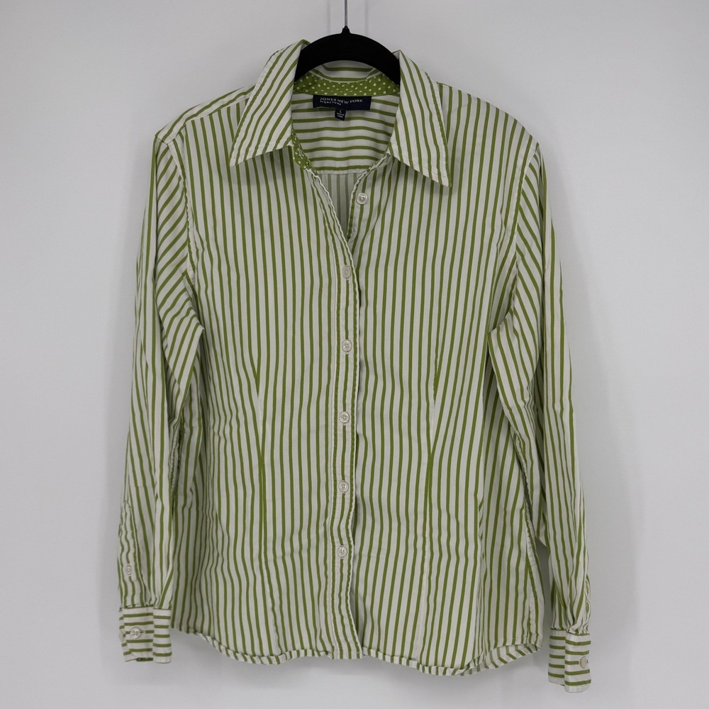 Jones New York Signature Green White Striped Polka Dot Button Down Shirt Large